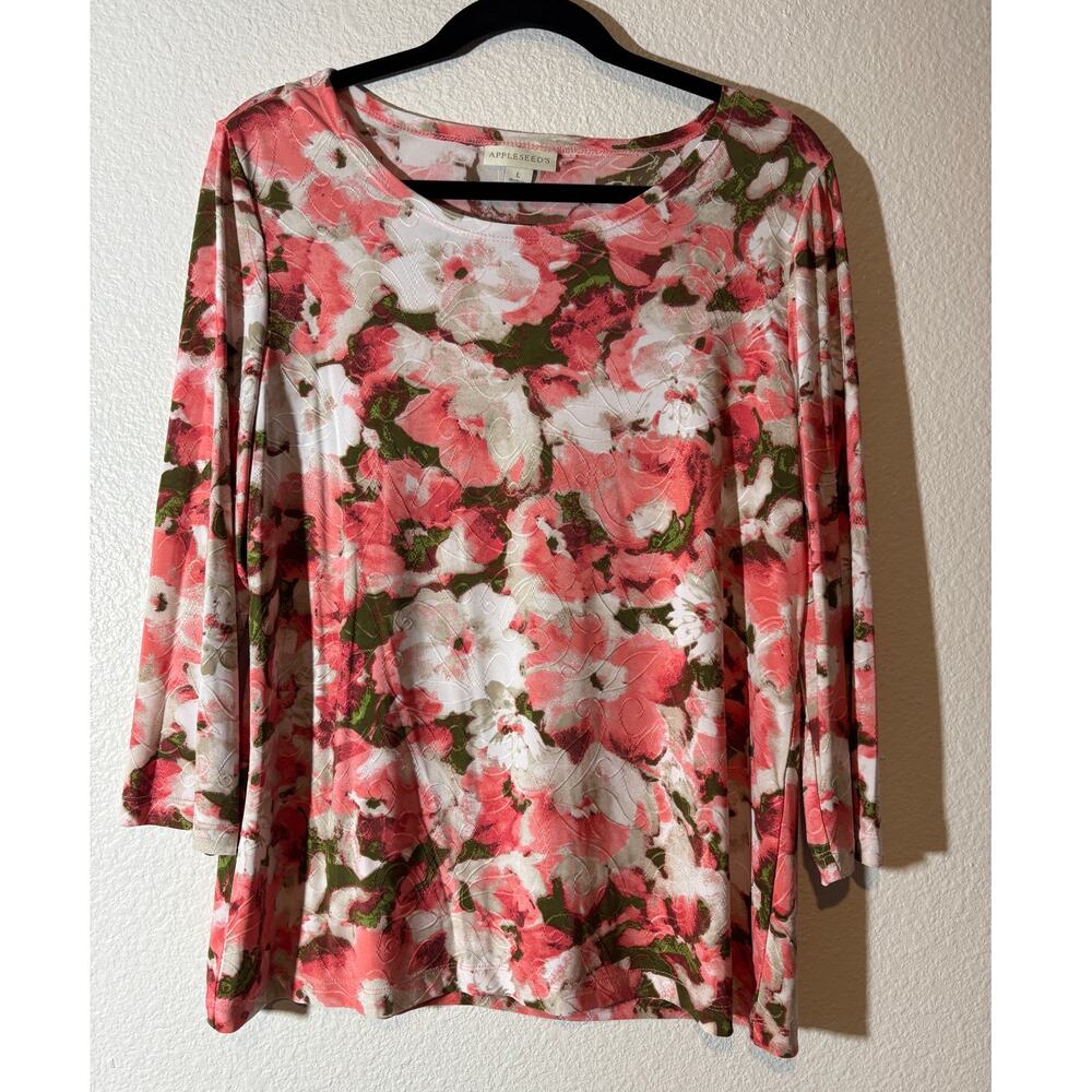 Appleseed's Size L Pink White Floral Scoop Neck 3/4 Sleeve Textured Top